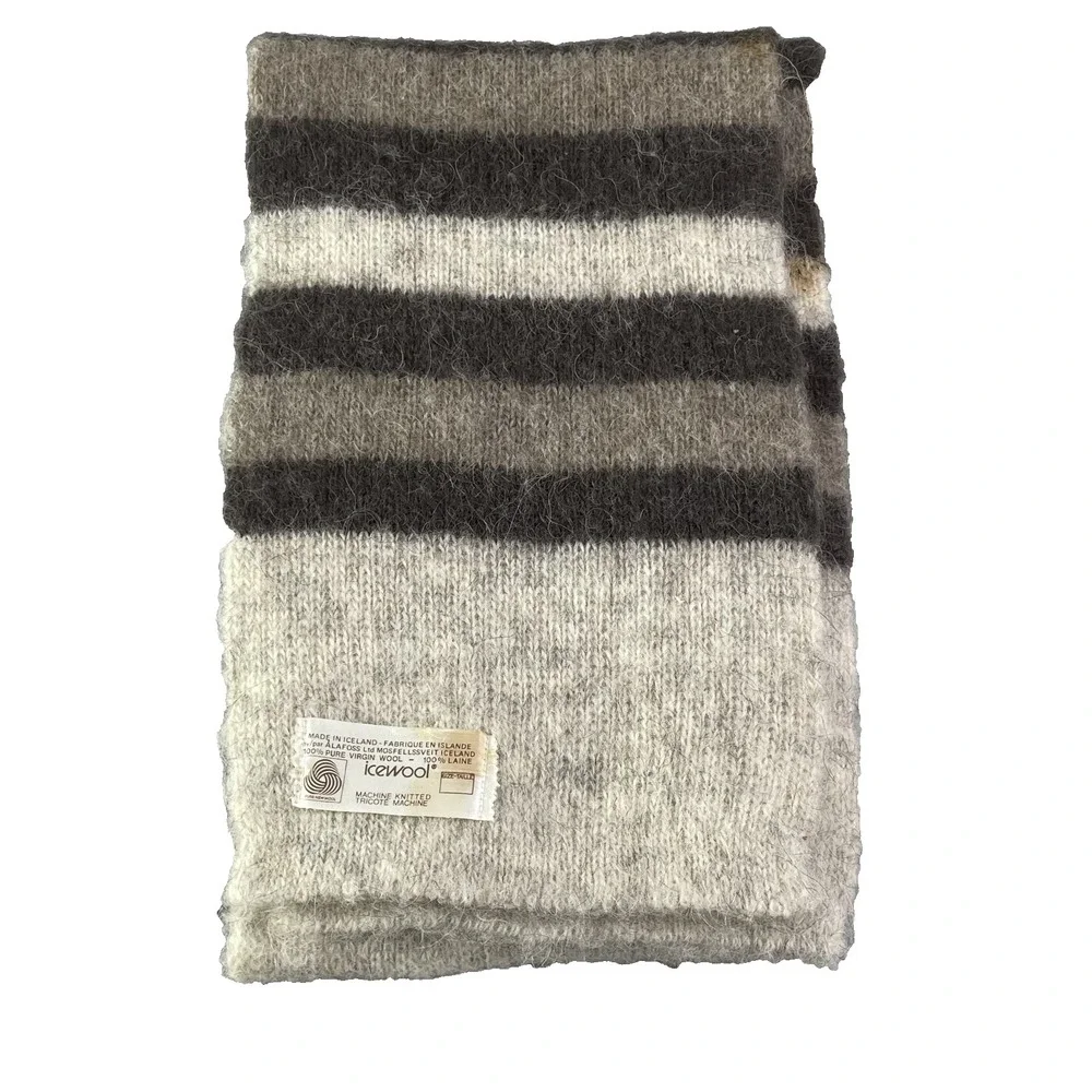 100% Virgin Wool Scarf Beige Striped Knit Classic‎ Fall Academia Preppy Winter